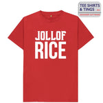 Red organic cotton men's teeshirt with wording of Jollof Rice on the front