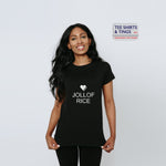 women's black 100% organic cotton teeshirt ft white lettering with a white heart and font saying jollof rice
