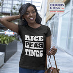 Woman wearing a black 100% organic cotton tee shirt ft Rice, Peas,Ting