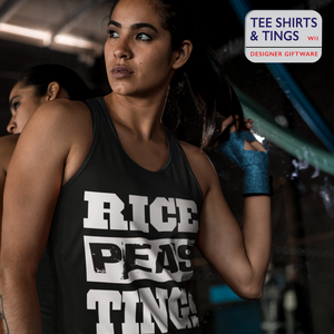 RPTs-Rice-Peas-Tings black 100% organic cotton tank vest for women with bold block lettering in white