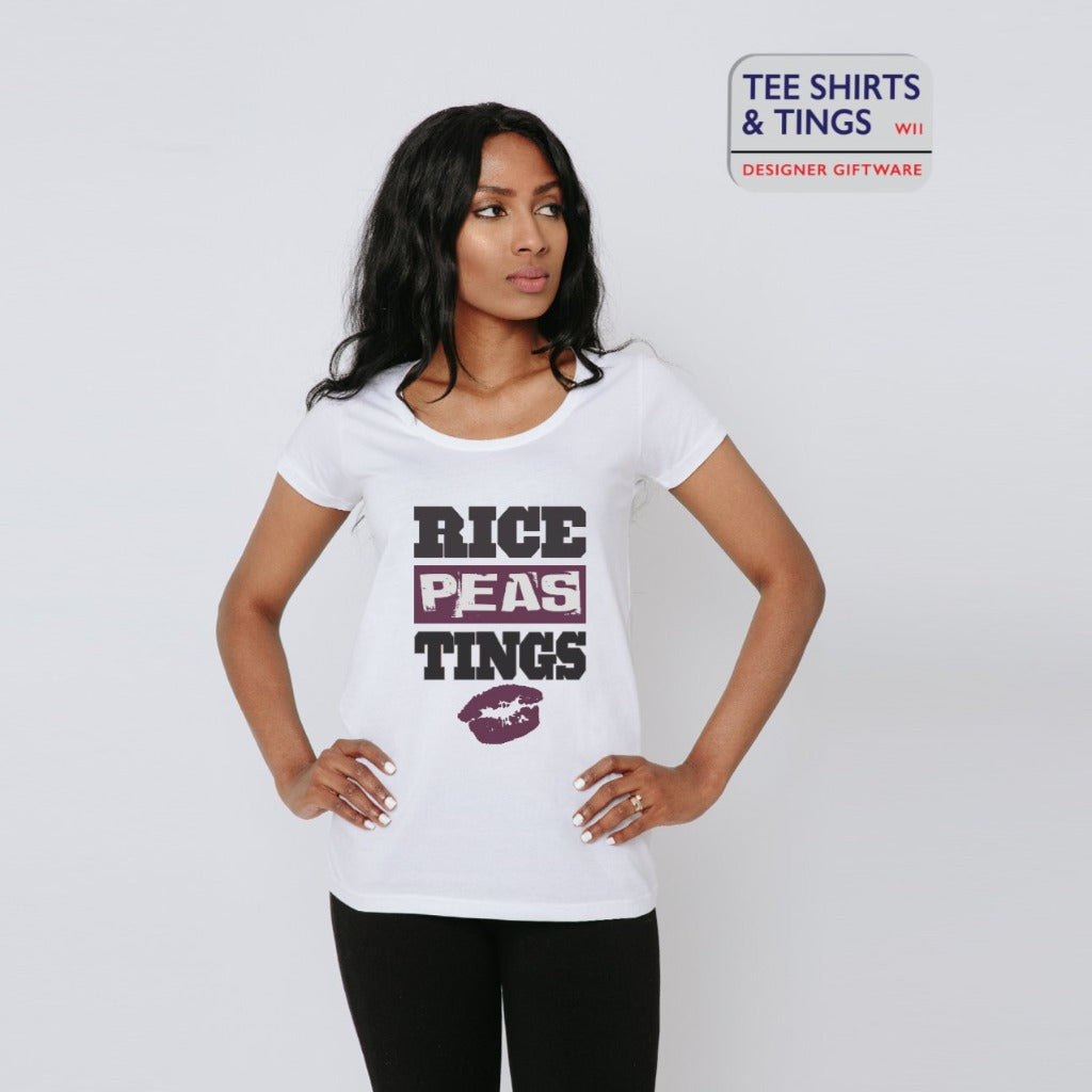 100% organic cotton scoop neck white women's tee shirt featuring Rice, Peas, Tings with a kiss on the tee shirt