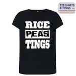Black 100% organic cotton tee shirt with bold writing saying Rice-Peas-Tings