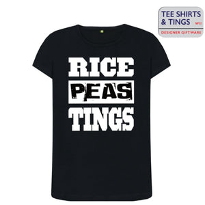 Black 100% organic cotton tee shirt with bold writing saying Rice-Peas-Tings