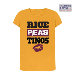 Sunflower shade 100% organic cotton crew-neck women's teeshirt with wording Rice-Peas-Tings and a lipstick mark underneath wording
