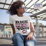 White 100% organic cotton crew-neck women's teeshirt with wording Rice-Peas-Tings and a lipstick mark underneath wording