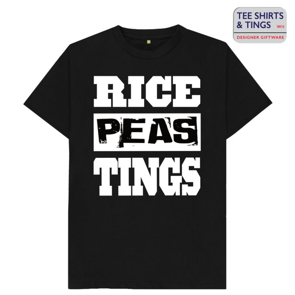 Black organic cotton teeshirt with bold white writing saying Rice, Peas, Tings. 100% organic cotton