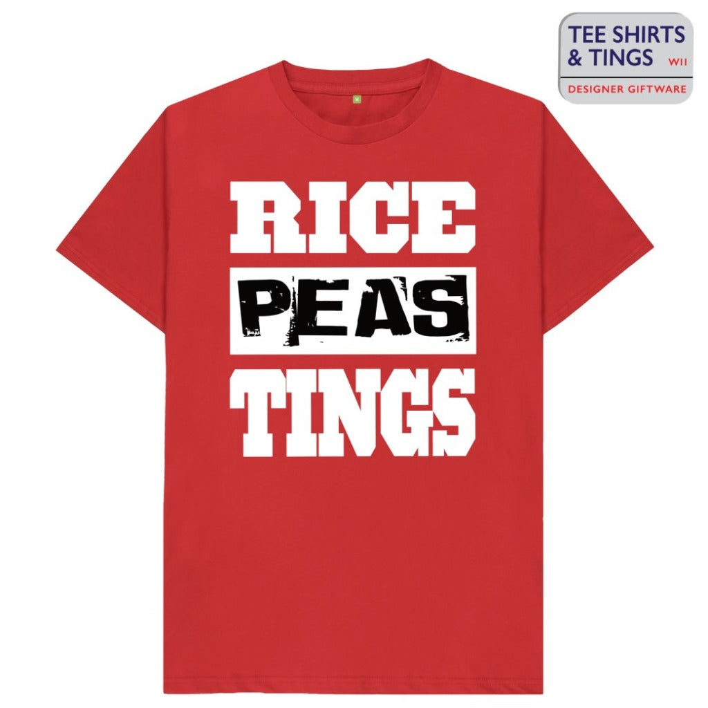 Red organic cotton teeshirt with bold white writing saying Rice, Peas, Tings. 100% organic cotton