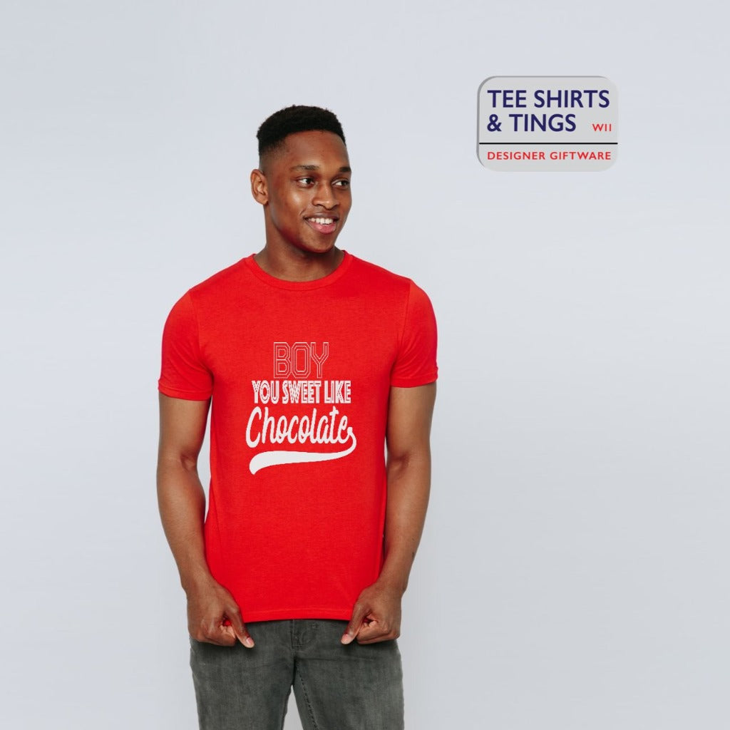 Sweet Like Chocolate men’s red organic cotton crew neck teeshirt
