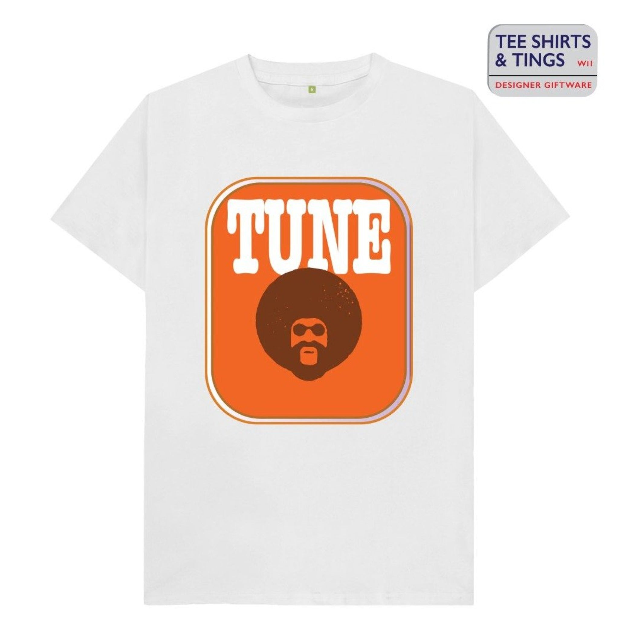 A white teeshirt with an amber rectangle on the front with an image of a man with afro hair and the wording in white saying TUNE. 100% organic cotton