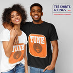 A couple in the studio - the man is wearing a black teeshirt with an amber rectangle on the front and the young lady is wearing a white teeshirt with an image of a man with afro hair and the wording in white saying TUNE. 100% organic cotton