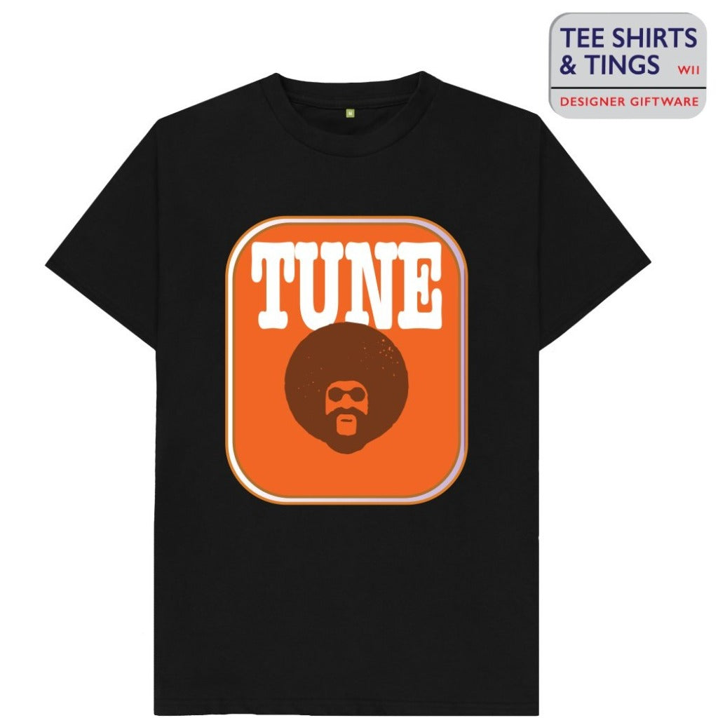 A black teeshirt with an amber rectangle on the front with an image of a man with afro hair and the wording in white saying TUNE. 100% organic cotton