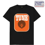 A black teeshirt with an amber rectangle on the front with an image of a man with afro hair and the wording in white saying TUNE. 100% organic cotton