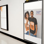 TUNE - poster of his and hers white and black with orange rectangle in middle organic cotton teeshirts.