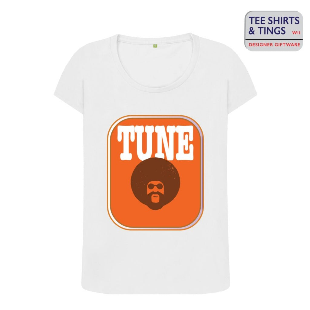 100% organic cotton women's tee shirt with brick coloured rectangle featuring the word TUNE with a man's image of Afro hair
